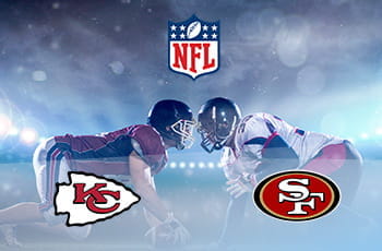 Il logo della NFL, il logo dei San Francisco 49ers e il logo Kansas City Chiefs e dei giocatori di football americano