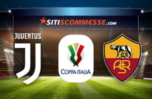 Un campo da calcio e i loghi di Juventus, Roma e Coppa Italia