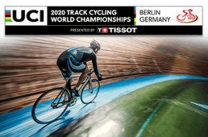 Il logo dei Mondiali di ciclismo su pista 2020 a Berlino e un pistard in azione