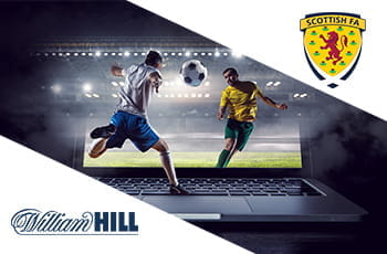 Il logo del bookmaker William Hill, il logo della Scottish Football Association e dei calciatori generici in azione
