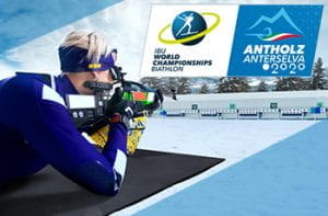Il logo dei Mondiali di biathlon Anterselva 2020 e un biathleta al poligono
