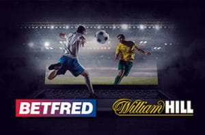 Il logo di Betfred, il logo di William Hill, dei calciatori generici in azione