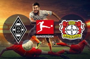 Calciatori in azione e i loghi di Borussia Moenchengladbach, Bundesliga e Bayer Leverkusen
