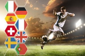 Un calciatore in azione e le bandiere di Italia, Germania, Spagna, Francia, Svizzera, Regno Unito, Svezia e Portogallo