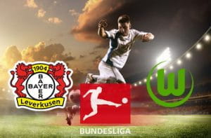 I simboli di Bayer Leverkusen, Bundesliga e Wolfsburg e un calciatore in azione