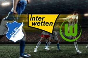 Giocatori di calcio in azione e i loghi di Hoffenheim, Wolfsburg e Interwetten