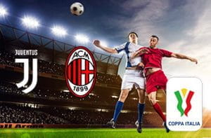Calciatori in azione e i loghi di Juventus, Milan e Coppa Italia