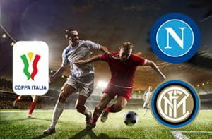 Calciatori in azione e i loghi di Napoli, Inter e Coppa Italia