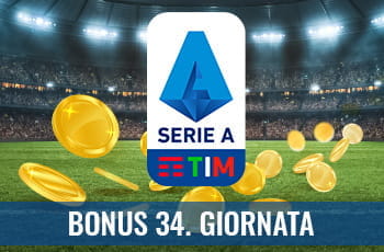 Il logo della Serie A 2029-2020, delle monete d’oro su un campo da calcio e la scritta “Bonus 33. giornata”