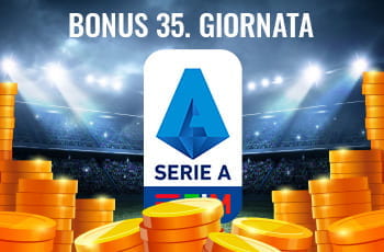 Il logo della Serie A 2029-2020, delle monete d’oro su un campo da calcio e la scritta “Bonus 35. giornata”