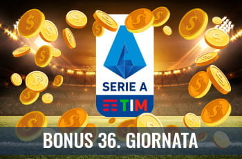 Il logo della Serie A 2029-2020, delle monete d’oro su un campo da calcio e la scritta “Bonus 36. giornata”