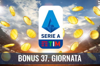 Il logo della Serie A 2029-2020, delle monete d’oro su un campo da calcio e la scritta “Bonus 37. giornata”