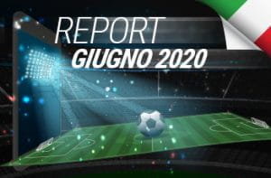 Uno stadio durante una partita di calcio e la scritta "Report giugno 2020"