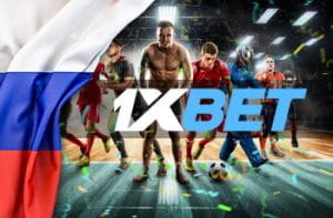 Il logo di 1XBET, la bandiera russa e dei giocatori di calcio