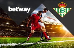 Il logo di Betway, il logo del Betis Siviglia, due calciatori in azione