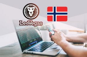 Il logo di LeoVegas, la bandiera della Norvegia e un ragazzo di fronte a un laptop con uno smartphone