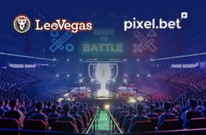 I loghi di LeoVegas e Pixel.bet e una arena di eSport