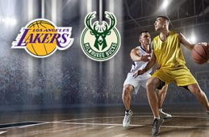 I loghi di Los Angeles Lakers, Milwaukee Bucks e giocatori di basket in azione