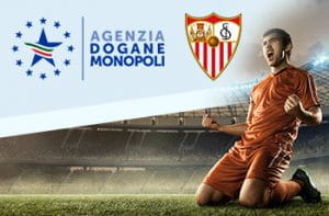 I loghi dell'Agenzia Dogane e Monopoli e del Siviglia, e un calciatore che esulta dopo un gol