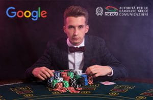 I loghi di Google, di AGCOM e un croupier con delle fiche