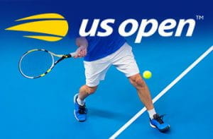 Il logo dello US Open e un tennista generico in azione.