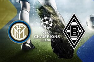 I loghi di Inter, Borussia Moenchengladbach e Champions League e un calciatore al tiro