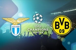 I loghi di Lazio, Borussia Dortmund e Champions League sullo sfondo di uno stadio affollato