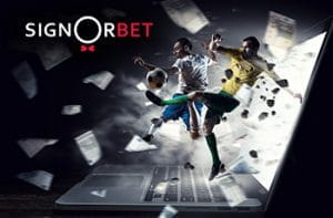 Il logo di Signorbet, due calciatori in azione e un laptop