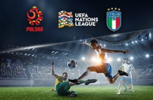 Il logo della nazionale polacca, il logo della nazionale Italiana, il logo della UEFA Nations League, dei giocatori di calcio in azione