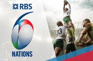 Il logo del 6 Nazioni di rugby e dei rugbisti impegnati in una touche