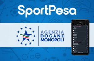 I loghi di SportPesa e dell'Agenzia Dogane e Monopoli e uno smartphone