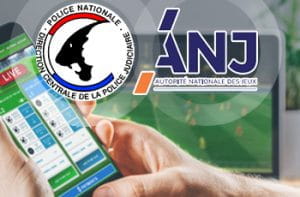 Il simbolo della DCPJ e dell'ANJ francesi e uno smartphone collegato al sito di un bookmaker online