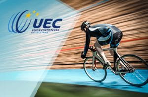 Il logo dei campionati europei di ciclismo su pista e un corridore