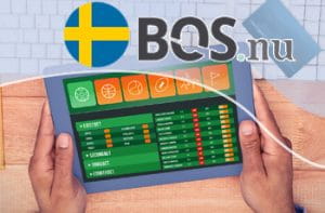 La bandiera svedese, il logo di BOS e un tablet collegato a un bookmaker online
