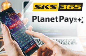 I loghi di SKS365 e PlanetPay365 e uno smartphone collegato a un bookmaker online