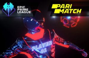Il logo del bookmaker Parimatch, il logo della EPIC League, un giocatore di eSports in azione.