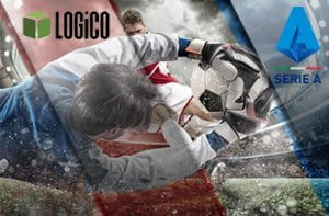 I loghi di LOGiCO e della Lega Serie A e calciatori in azione durante una partita
