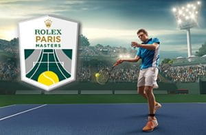Il logo dell’ATP Master 1000 di Parigi-Bercy e un tennista in azione
