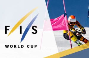 Il logo della Coppa del Mondo di sci alpino e uno sciatore in azione