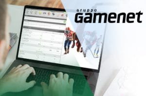 Il logo di Gamenet Group e un computer connesso a un sito di scommesse
