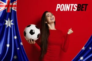 Il logo di PointsBet, la bandiera australiana e una ragazza con un pallone