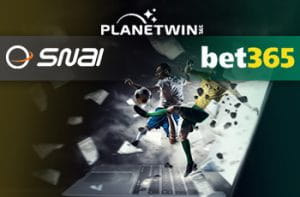 I loghi di SNAI, Planetwin365 e bet365 e calciatori in azione sullo sfondo di un laptop