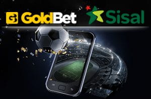 Il logo di GoldBet, il logo di Sisal, un pallone da calcio, uno smartphone e uno stadio.