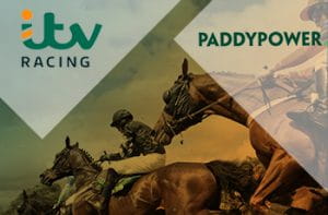 Il logo di ITV Racing, il logo di Paddy Power, una corsa di cavalli