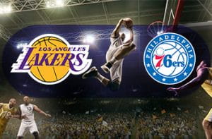 I loghi di Los Angeles Lakers, Philadelphia 76ers e un giocatore di basket in azione