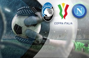 I loghi di Atalanta, Napoli e Coppa Italia e un portiere di calcio in azione