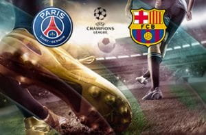 Il logo della Champions League, il logo del PSG, il logo del Barcellona