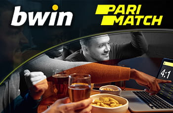 Il logo di bwin, il logo di Parimatch, dei ragazzi che scommettono online