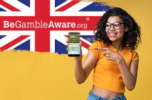 Il logo di GambleAware, la bandiera del Regno Unito e una ragazza con uno smartphone