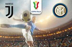 I loghi di Juventus, Inter e Coppa Italia e un calciatore in azione